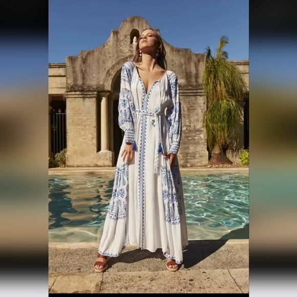 Bohemian White and Blue Floral Maxi Dress